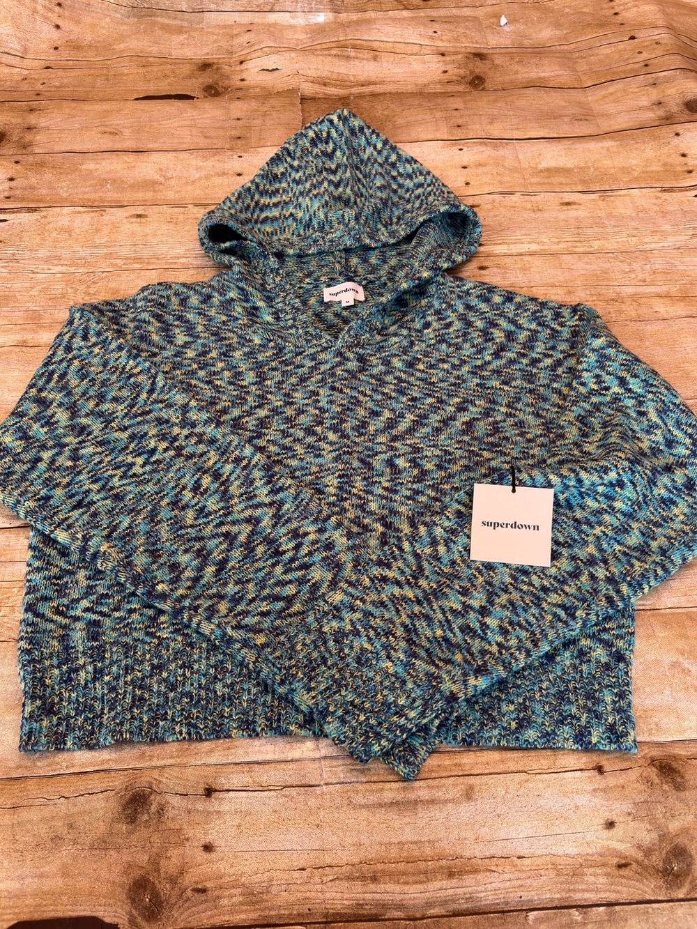 Superdown Teal and Navy Marled Hooded Sweater - M